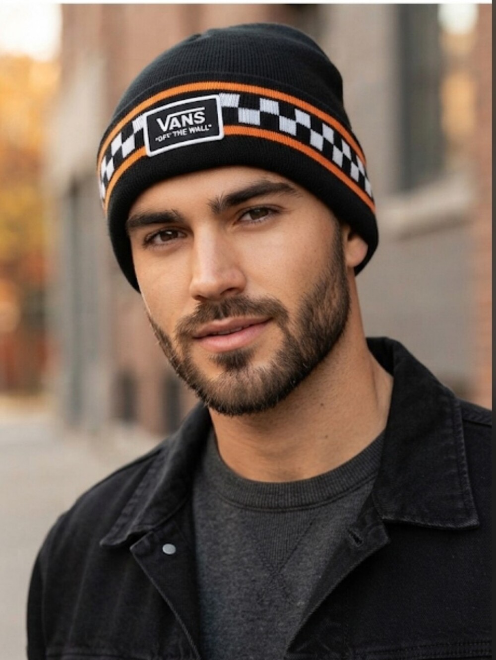 Vans Off The Wall Core Basics Flame Orange Black White Checkerboard Beanie Hat
